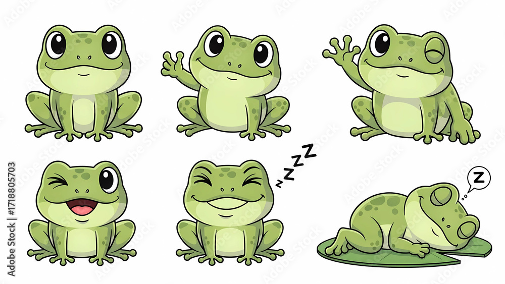 Fototapeta premium Adorable Cartoon Frogs with Cute Expressions
