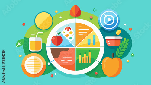 Healthy eating plate with food groups and nutritional icons