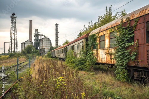 Abandoned rusty train cars overgrown with wild vegetation in rural decay