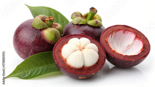 Mangosteen and mangosteen slice isolated in white background