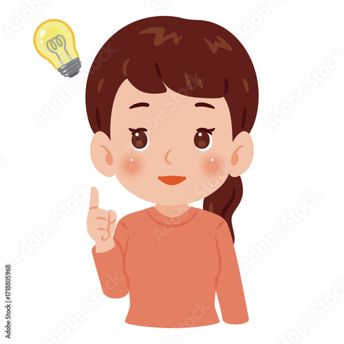 閃く女性の上半身イラスト／An illustration of a woman's upper body with a lightbuld moment