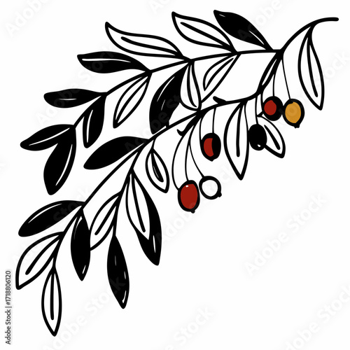 A simple hand drawn illustration of an olive branch with black leaves and multi colored olives on a white background