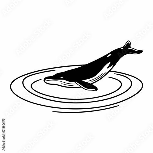 A stylized black and white illustration of a humpback whale breaching from concentric water ripples on a white background