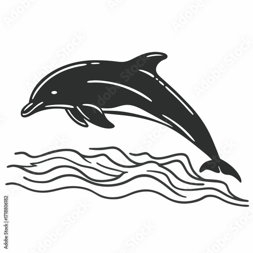 A stylized black and white illustration of a dolphin gracefully leaping out of wavy ocean water with a clean background