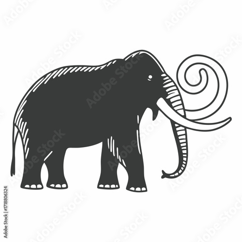 A stylized hand drawn illustration of a dark gray mammoth with large tusks and a curled trunk against a white background