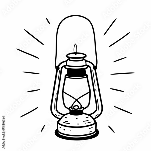 A vintage kerosene lantern with a glowing wick and radiating light beams against a white background hand drawn illustration
