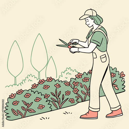 A young woman wearing overalls and a cap is pruning a flowering bush with gardening shears in a garden setting with stylized trees in the background