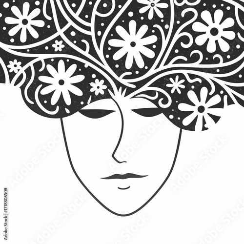Abstract minimalist line art of a woman s face with floral hair and a textured background representing growth and nature