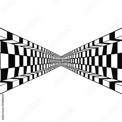 Abstract monochrome optical illusion of a checkered tunnel receding into infinity with a sense of depth and perspective