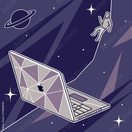 Astronaut floating in deep space near a geometric laptop and a distant planet with rings under a starry sky