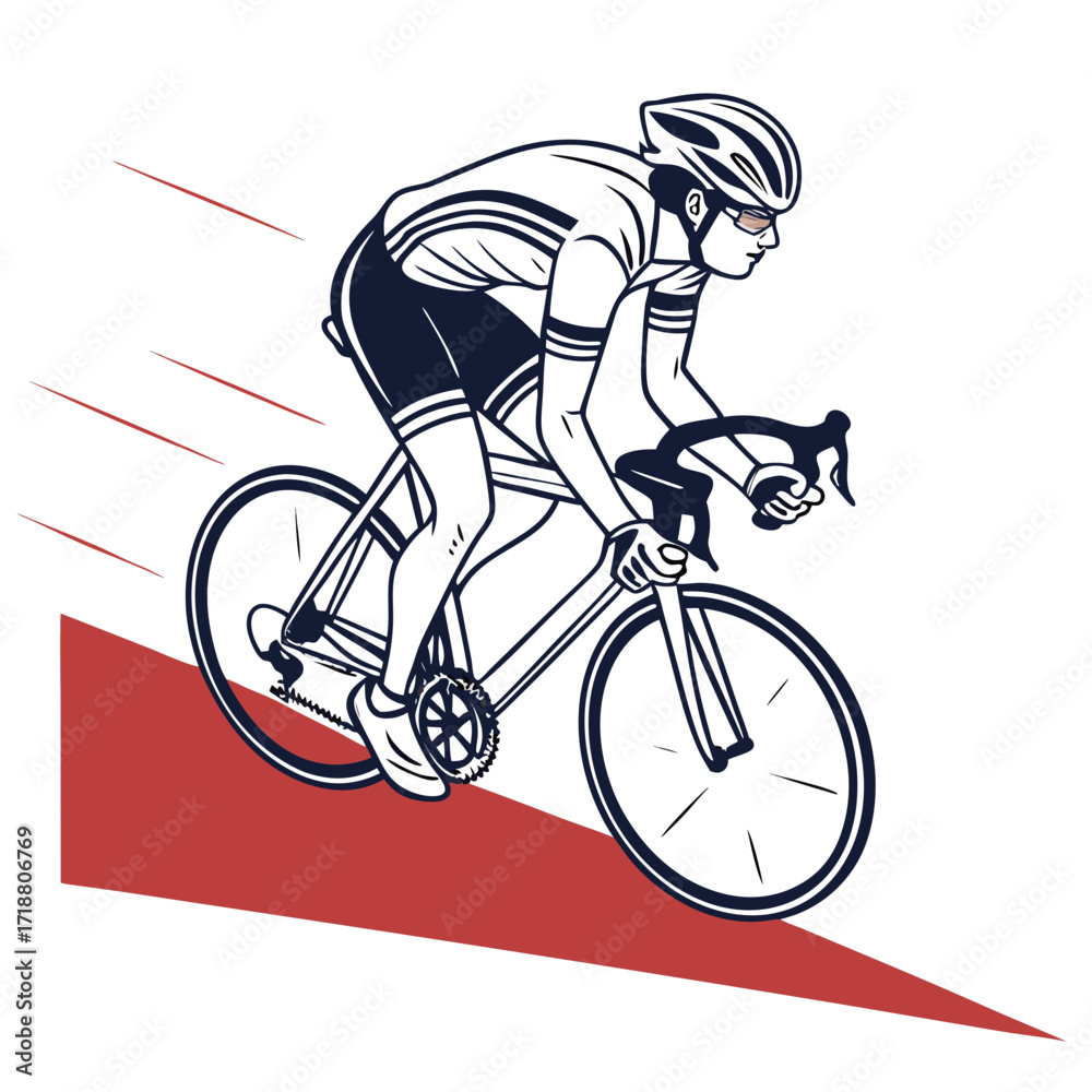 Fototapeta premium Dynamic illustration of a professional cyclist in full racing gear speeding downhill on a road bike with motion lines and a red incline