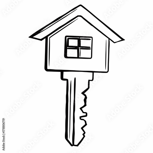 Conceptual illustration of a house shaped key representing home ownership real estate and property acquisition with a simple drawing style
