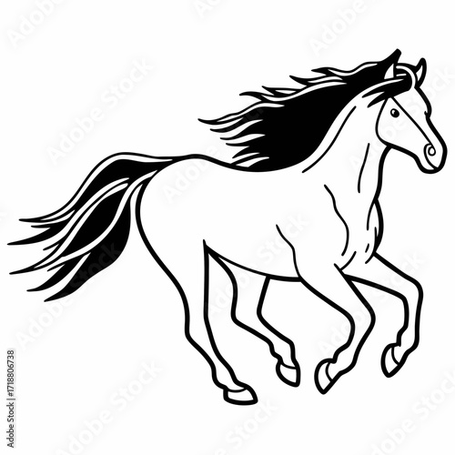 Dynamic black and white line art illustration of a majestic horse galloping freely with flowing mane and tail