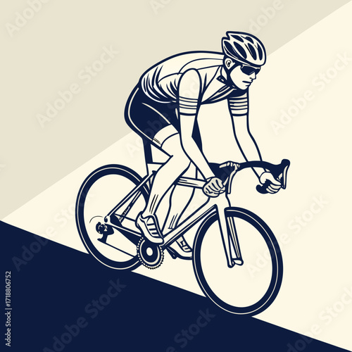Dynamic illustration of a cyclist in full gear riding a road bicycle with focused determination on a stylized background