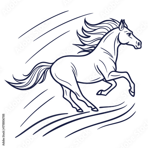Dynamic line art illustration of a galloping horse with flowing mane and tail emphasizing speed and freedom