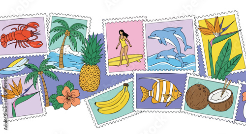 Vibrant tropical postcard collage captures summer vacation dreams with surfing, dolphins, fruits, and ocean life.