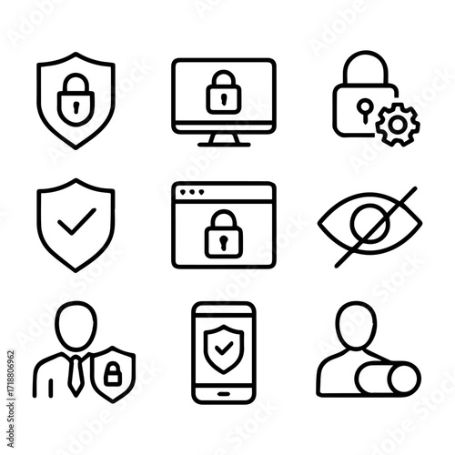 Security Icons Set Shield Padlock Monitor Eye User Phone and Toggle.