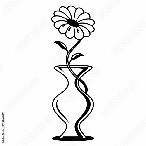 Elegant black and white line art illustration of a single daisy flower with leaves in a decorative vase on a white background