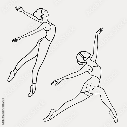 Elegant line art of two ballet dancers in graceful poses demonstrating fluid movement and artistic expression