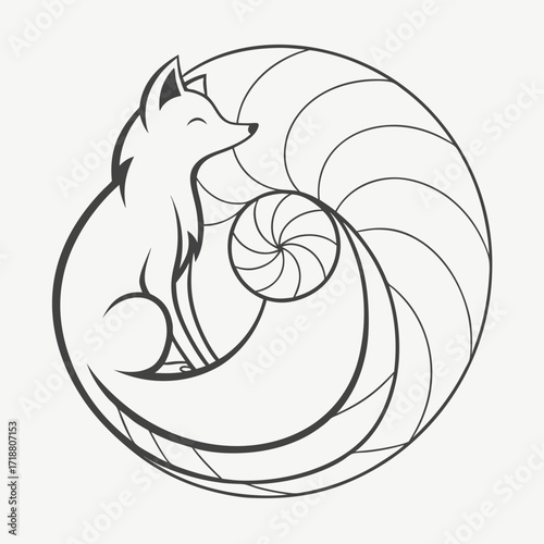 Elegant minimalist line art illustration of a stylized fox curled up within a geometric spiral pattern resembling a nautilus shell or fibonacci sequence