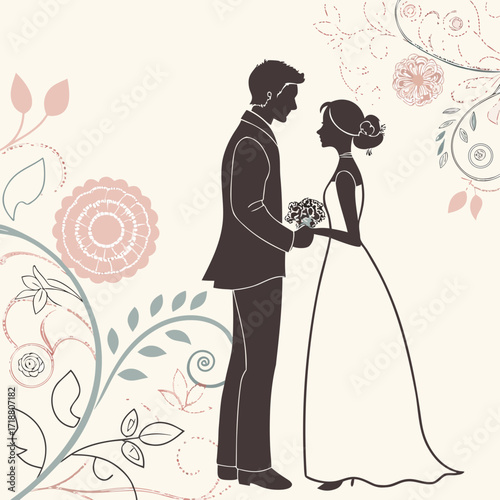 Elegant silhouette of a bride and groom holding hands with a bouquet surrounded by delicate floral swirls and decorative elements