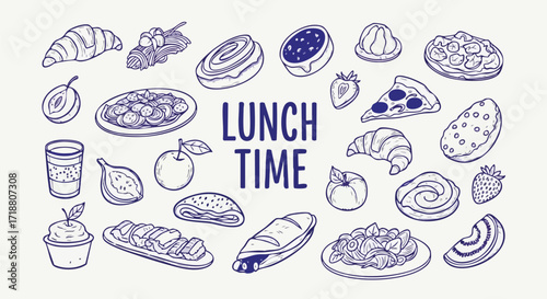 Delicious lunch time doodles of croissants, pizza, pasta, fruit, and sweets for a delightful and fun design, perfect for restaurant menus and food blogs