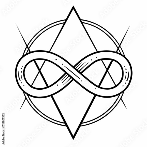 Geometric infinity symbol intertwined with a circle and triangles representing balance and eternal connection in a minimalist black and white line art design