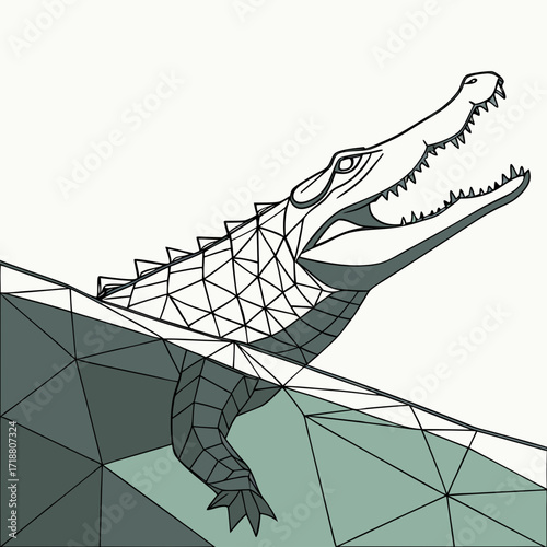Geometric low poly style illustration of a fierce crocodile emerging from water with mouth wide open and sharp teeth visible