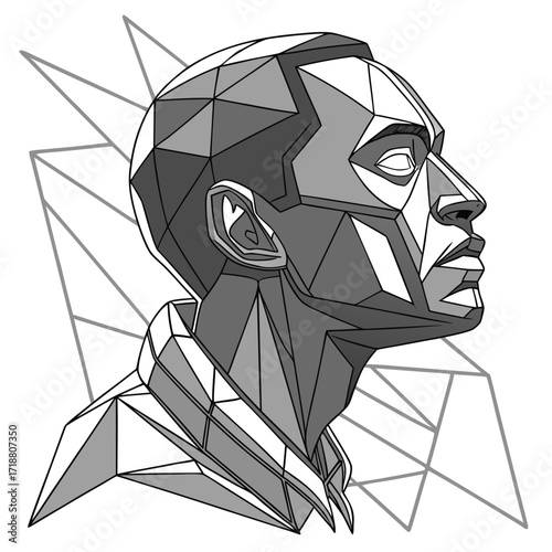 Geometric portrait of a man in profile with abstract background lines and shades of gray