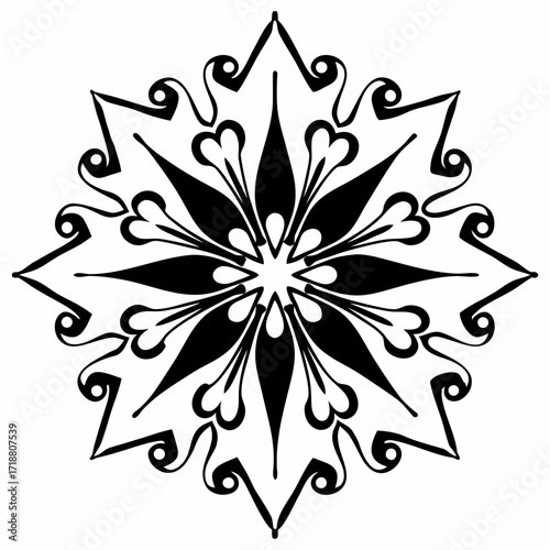 Intricate black and white symmetrical floral mandala design with delicate swirling patterns and pointed petal shapes creating a starburst effect