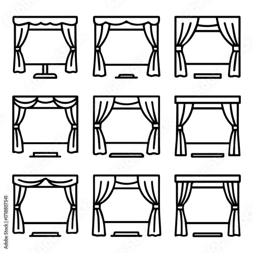 Simple Black Line Art of Various Stage Curtains.