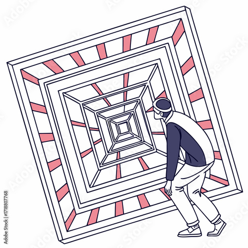 Man gazes into a deep geometric tunnel with repeating square patterns and pink accents creating a sense of perspective and infinity
