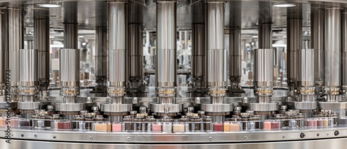 Wide panoramic view of high-tech lipstick machinery filling multiple tubes in clean manufacturing facility, perfect for promoting beauty product automation and advanced cosmetic production systems