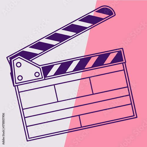 Minimalist illustration of a purple and white film clapperboard with diagonal stripes on a split pink and grey background