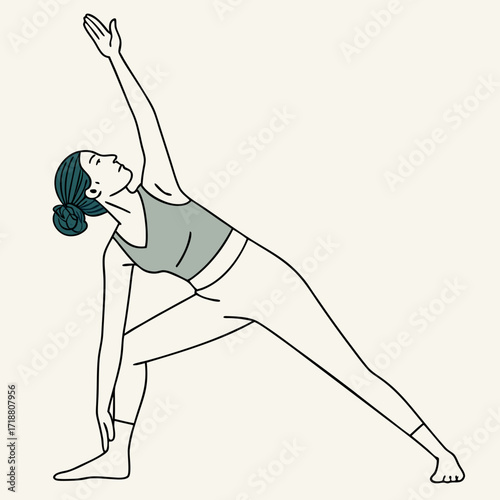 Minimalist line art illustration of a woman in a yoga pose performing extended side angle pose emphasizing flexibility and well being