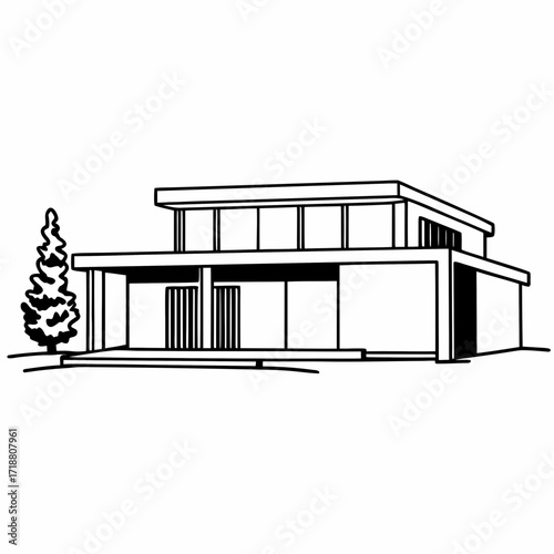 Modern architectural drawing of a two story house with a flat roof and large windows next to a tall tree