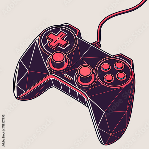 Modern geometric video game controller with a wired connection and a vibrant pink and purple color scheme against a neutral background