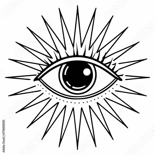 Mystical all seeing eye symbol with sharp rays emanating outward in a bold black and white line art illustration