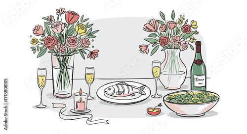 Illustration of a romantic dinner table setting with flowers, champagne, and food.