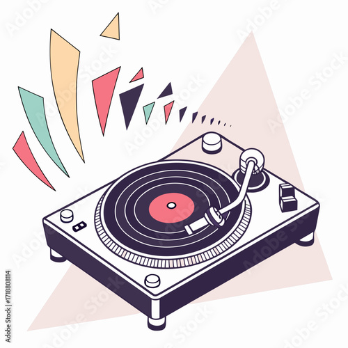 Retro turntable playing music with colorful abstract sound waves emanating outwards in a stylized geometric design
