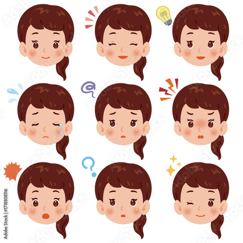 色々な感情を持つ女性のイラストセット　顔のみ／An illustration of a woman's face with multiple expressions