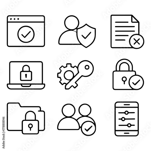 Simple Vector Icons Representing Secure Digital Access and Settings.