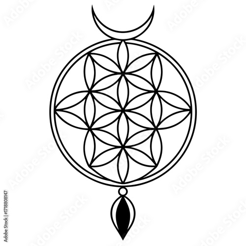 Sacred geometry symbol of the flower of life with a crescent moon and a teardrop pendant in black outline on a white background representing spiritual harmony and cosmic connection