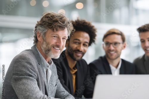 Diverse team of professionals collaborating around a laptop in a bright office, representing innovation, leadership, and teamwork for business consulting and communication visuals