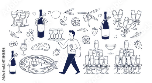 Elegant celebration scene with waiter serving champagne, festive drinks, fresh fruits, and a gourmet fish dish, perfect for events and dining.