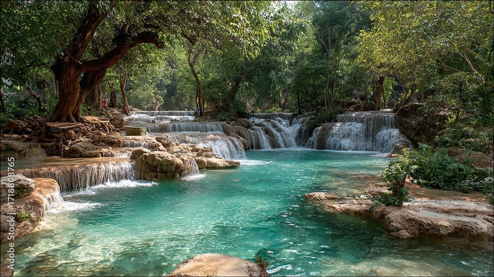Naklejka premium A tranquil cascade of turquoise water tumbles over tiered rocks, nestled within a lush green forest.