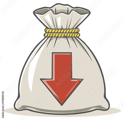 Money bag with red down arrow vector illustrating financial decrease cost reduction