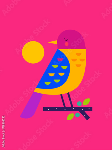 Cute Colorful Bird on a Branch with the Sun