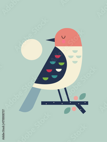 A charming and serene vector illustration of a bird perched on a branch. The design uses a clean, geometric, and minimalist style with a soft, calming color palette of blue, pink, and white. This grap