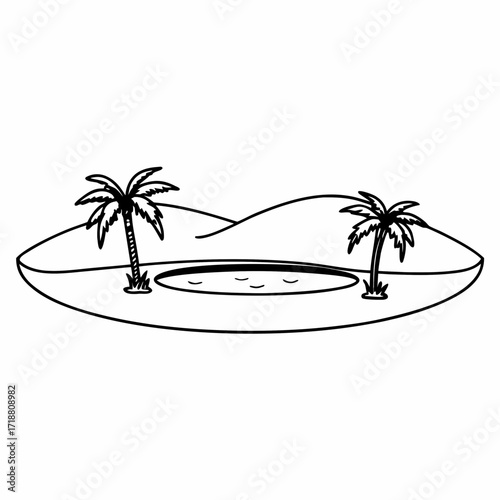 Simple black and white line drawing of a serene tropical oasis with two palm trees surrounding a tranquil pool of water on a gentle hill
